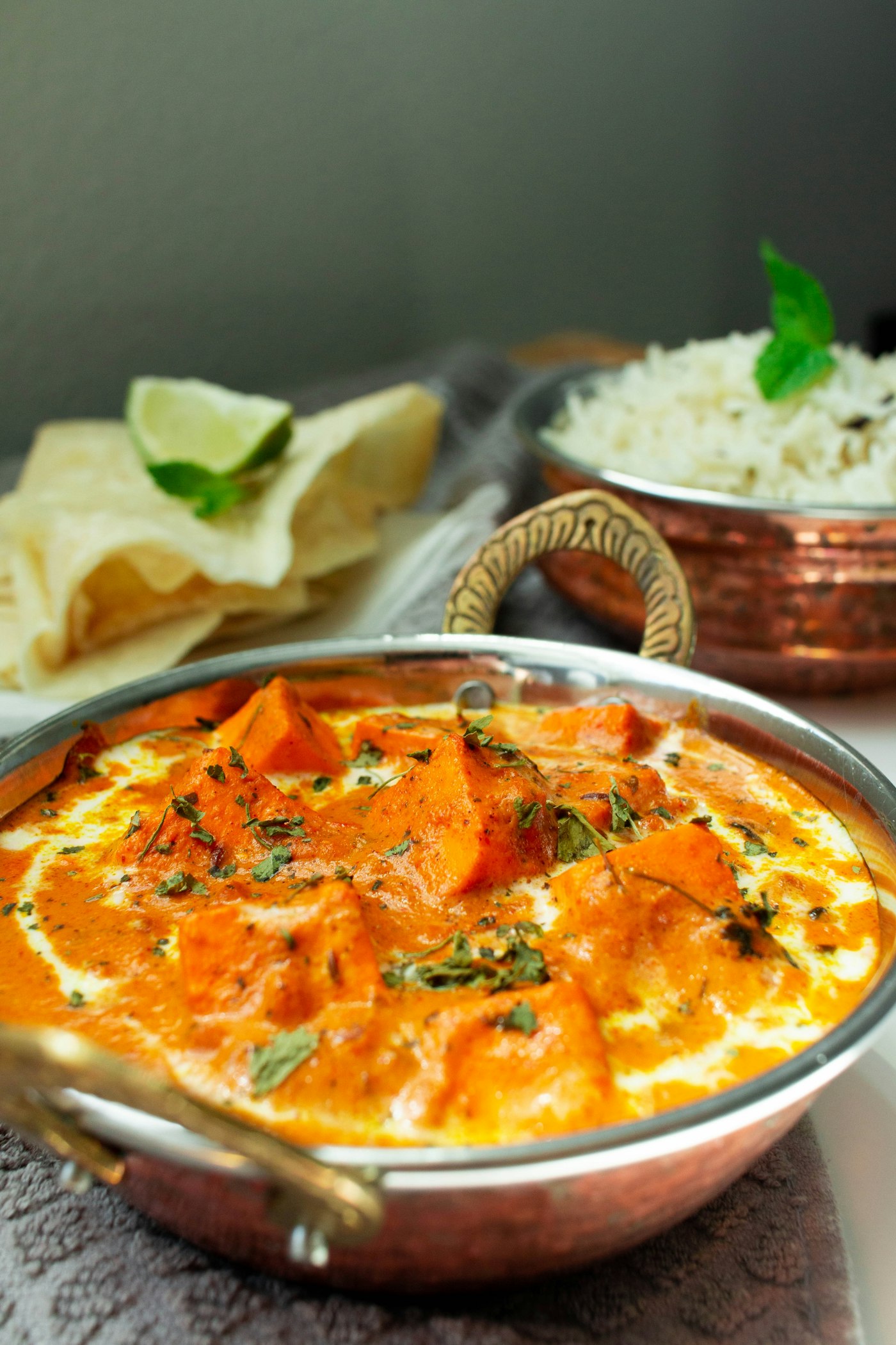 A katori of food next to rice — typical desi serving sizes